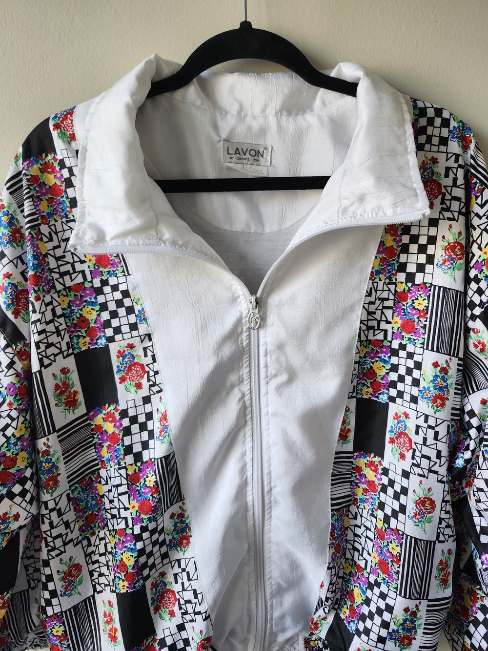 Vintage White Floral & Checkerboard Bomber Jacket - Picture 3 of 10